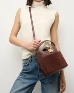 Small Crest Lock Suede Bucket Bag in Chestnut