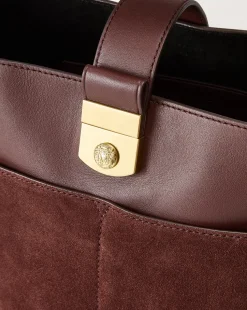 Small Crest Lock Suede Bucket Bag in Chestnut