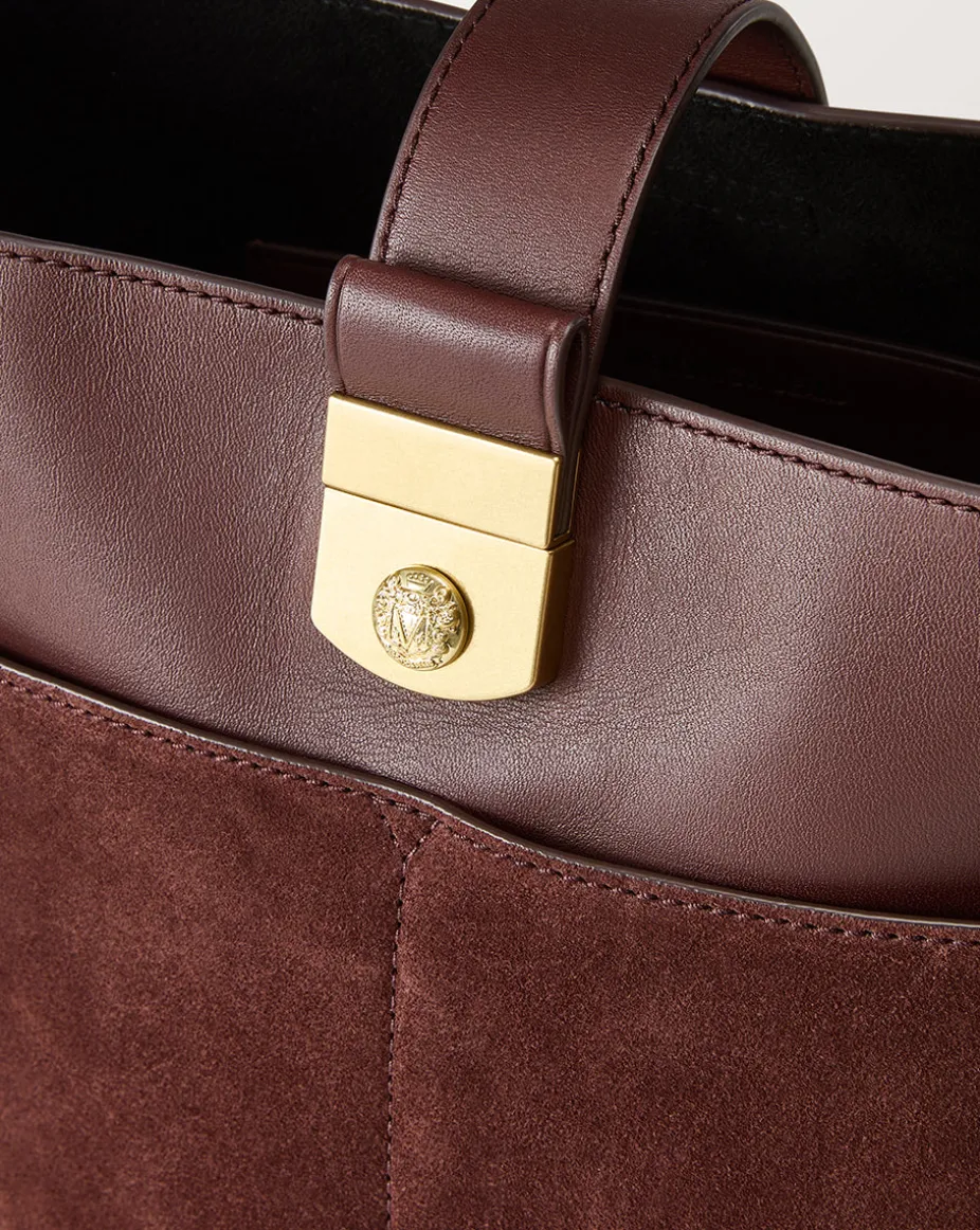 Small Crest Lock Suede Bucket Bag in Chestnut