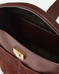 Small Crest Lock Suede Bucket Bag in Chestnut