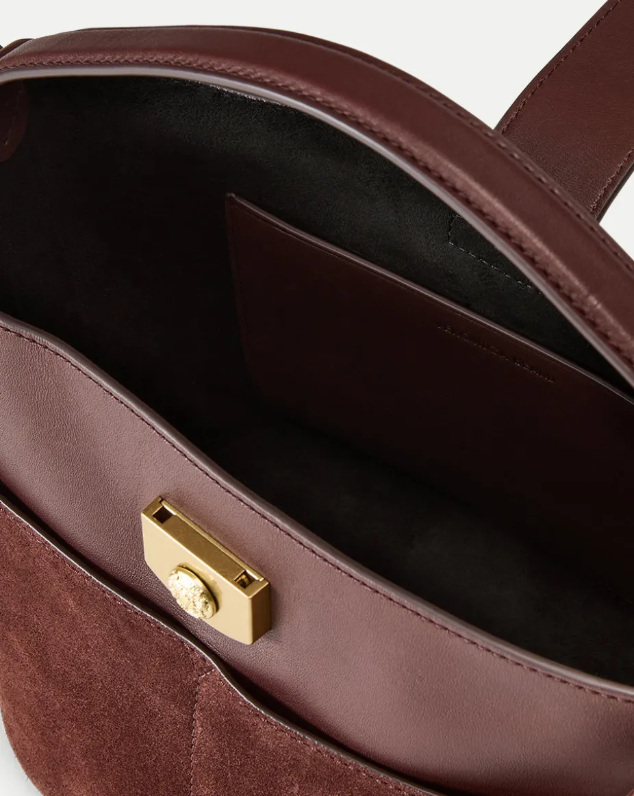 Small Crest Lock Suede Bucket Bag in Chestnut