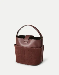 Small Crest Lock Suede Bucket Bag in Chestnut