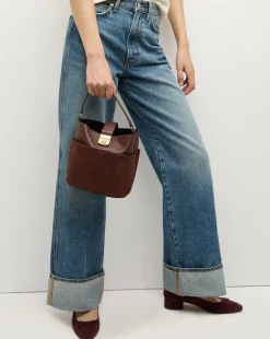 Small Crest Lock Suede Bucket Bag in Chestnut