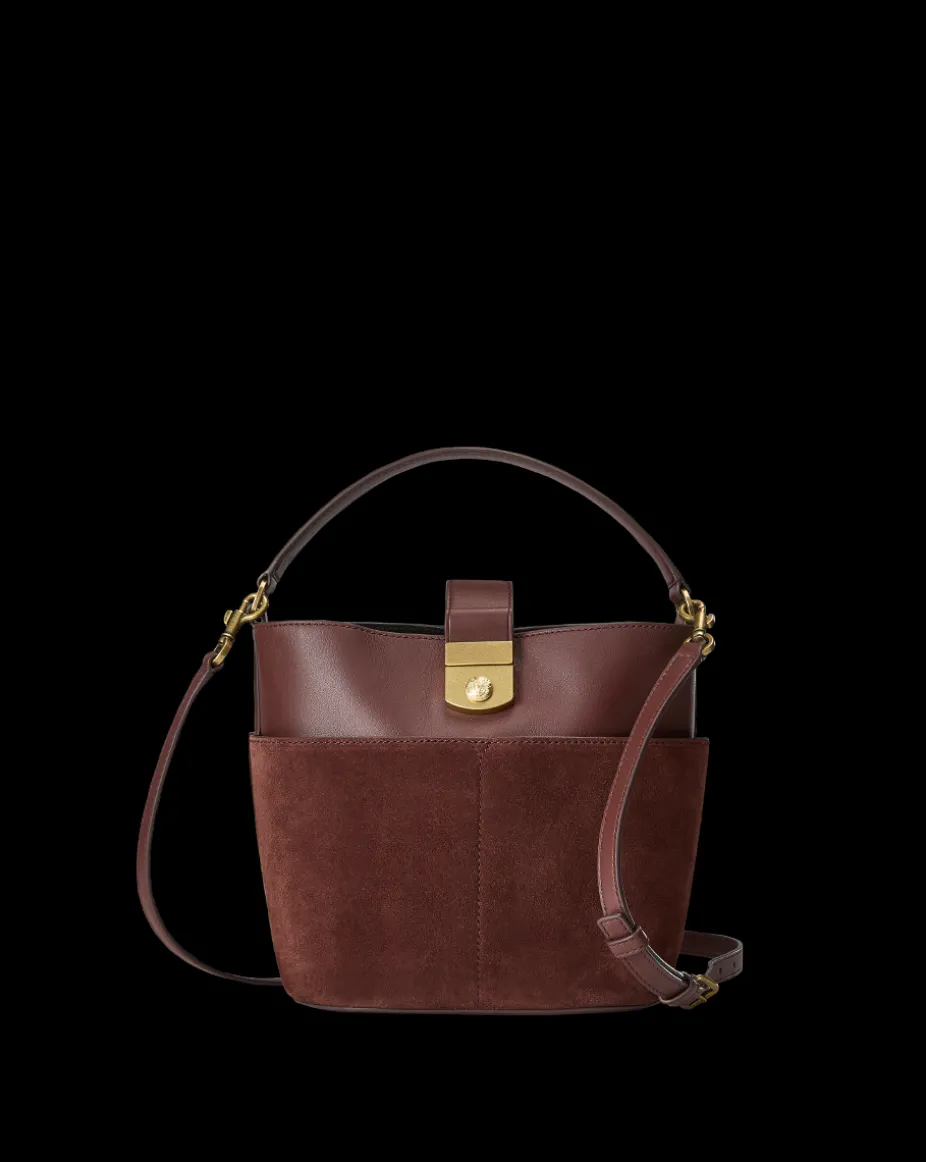Small Crest Lock Suede Bucket Bag in Chestnut