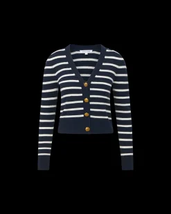 Solene Cashmere Striped Cardigan in Navy
