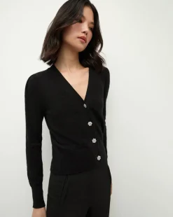 Solene Rhinestone-Button Cashmere Cardigan in Black