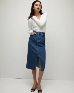 Victoria Raw-Edge Midi Denim Skirt