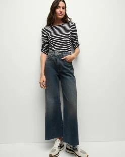 Waldorf Ruched-Sleeve Tee in Navy/White